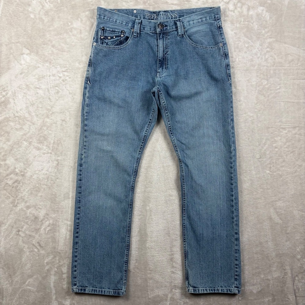 Vintage Pepe Jeans London Mens 35 Studded Straight Leg Denim Jeans Blue Y2K